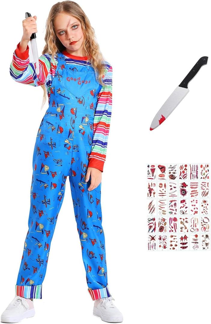 Kids Nightmare Killer Doll Costume Boy Girl Halloween Costumes Blue Cartoon Jumpsuit Cosplay Overall with Accessories (8-9 Years)