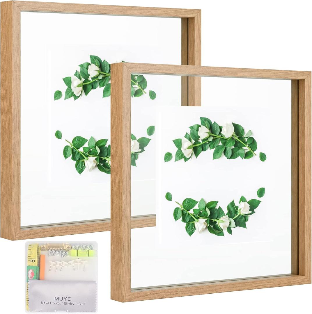 MUYE 10x10 Floating Frame Set of 2, Double Glass Square Photo Frame, Display Any Size Photo up to 10x10, Wall Mount or Tabletop Standing, Natural
