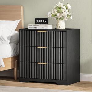 Furnulem 26" Fluted Black Night Stand, Wide 3 Drawer Nightstand for Bedroom, 1 pcs