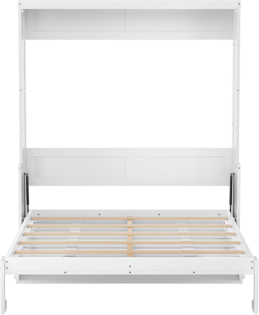 Murphy Multifunctional Bed Frame with Storage Shelf & Support Plate for Adult,Girls,Boys,Queen Size Murphy Bed,Wood Hidden Wall Bed Space-Saving Cabinet,White