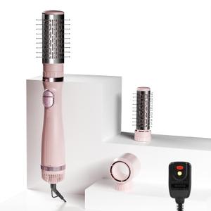Blow Dryer Brush, 3-in-1 Rotating Hair Dryer Brush with 3 Heads for Drying Styling Volumizing Curling Sleeking in One Step for Long Hair, 3 Temperatures, Negative Ionen, Ceramic Coating, Pink