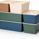 Menkxi 6 Pcs Large and Small Plastic Storage Bins with Lids 14.4 x 10.4 x 5.1 Inch Stackable Storage Containers Decorative Cubby Organizer for Clothes Shelves Garage Closet Office (Neutral color)