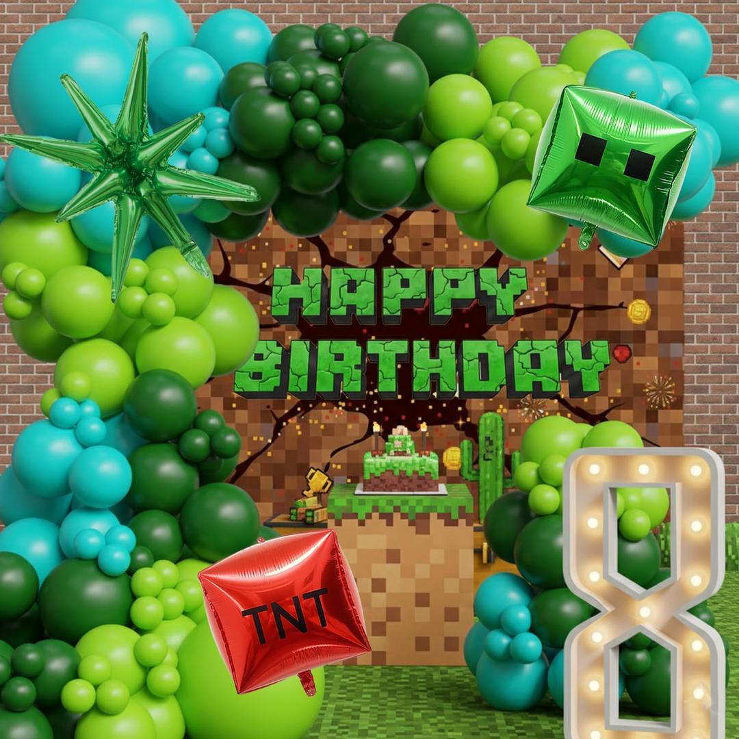 Video Game Balloon Arch Kit 138PCS Green Blue Balloon Arch Kit Pixel Theme Foil Block TNT Cube Balloons –Camo Gaming Party Decoration for Boy, Blue Green Black Garland for Gamer Birthday Game on Night