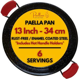 Paella Pan  Enamelled, No-Rust Steel Skillet  Easy-to-Clean Pan for Propane & Gas Burners  Indoor & Outdoor Cooking Cacerola Paellera Sarten  13 Inch, for 6 Servings
