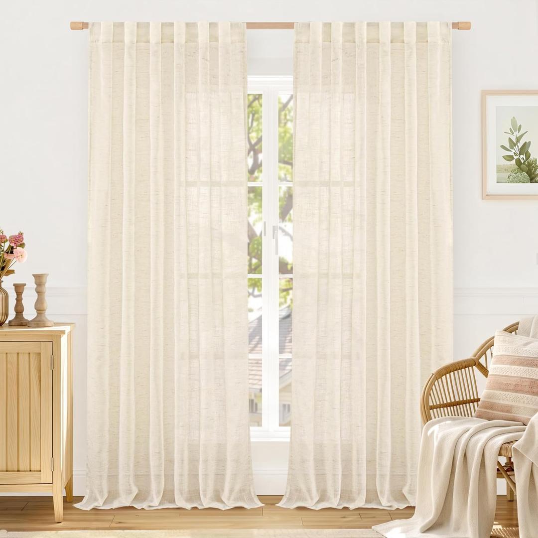 Light Filtering Linen Curtains 86 inches Long for Bedroom, Faux Linen Textured Semi Sheer Back Tab and Rod Pocket Burlap Boho Modern Drapes for Living Room/Farmhouse, 2 Panels, 40 x 86 Inch, Beige