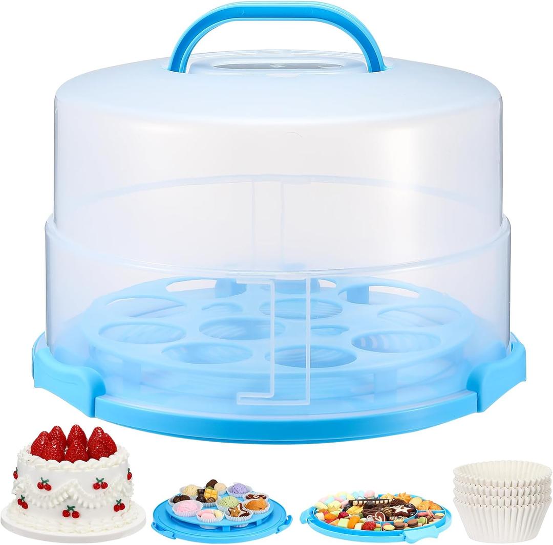 12 Inch Large Cake Carrier with Lid and Handle for 12" Round 7" High Cake Adjustable Plastic Pies Carrier Portable Cupcakes Transport Container for Cookies Pizza and More(Blue)