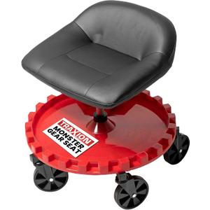 Traxion 2-230 Monster Rolling Padded Mechanic Stool Seat Garage Shop Roller Work Chair with Wheels and Tool Tray, Heavy-Duty 400-lb Capacity, All-Terrain 5" Casters, Black Red