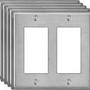 [5 Pack] BESTTEN 2 Gang Decor Metal Wall Plate with Plastic Film, Decorator Stainless Steel Outlet Cover, Durable Corrosion Resistant Industrial Grade Material, H4.53” x W4.57”, Brushed Finish, Silver