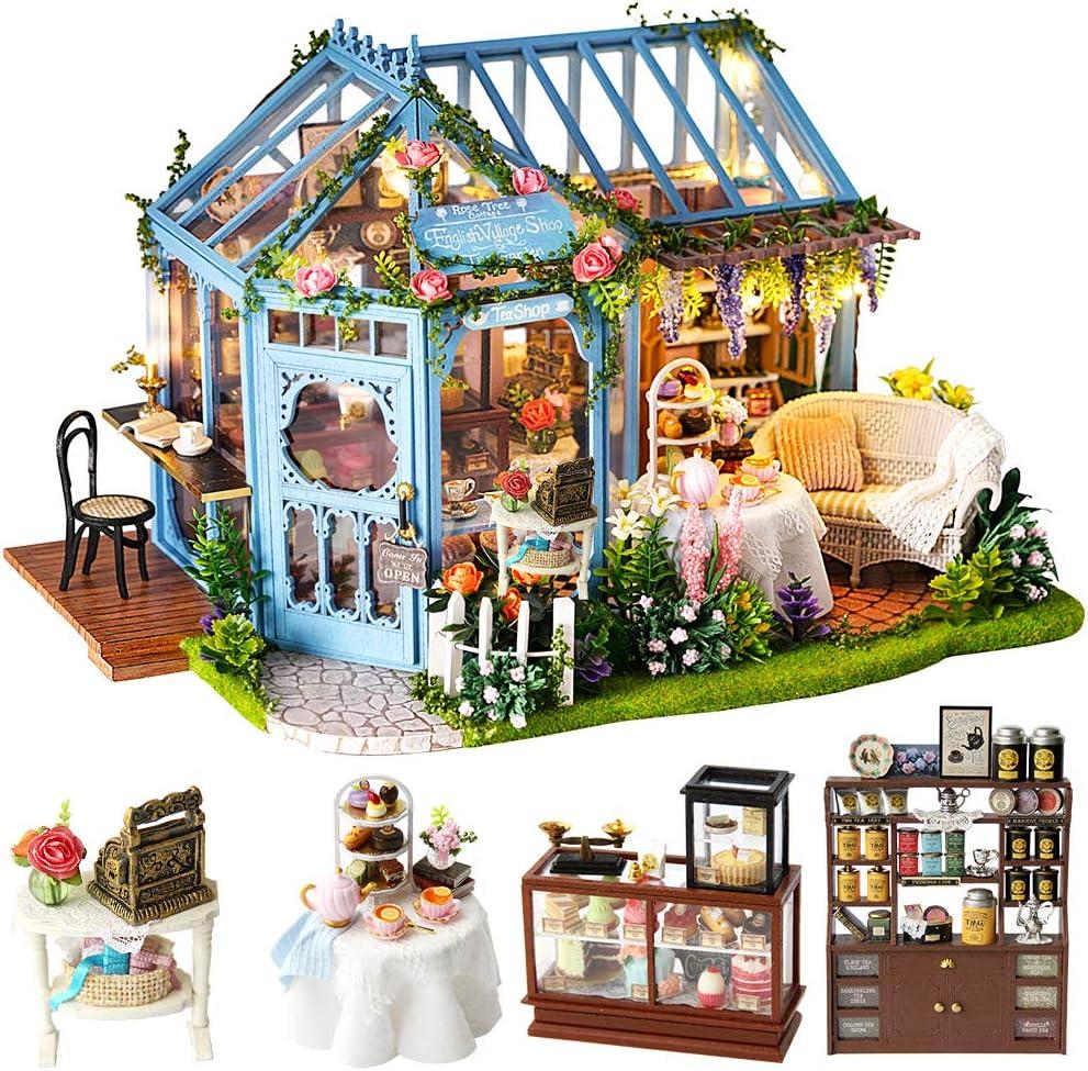 CUTEBEE Dollhouse Miniature House with Furniture, DIY Dollhouse Kit with Dust Proof, Music Movement, 1:24 Scale Creative Room for Gift for Family (Rose Garden Tea House)