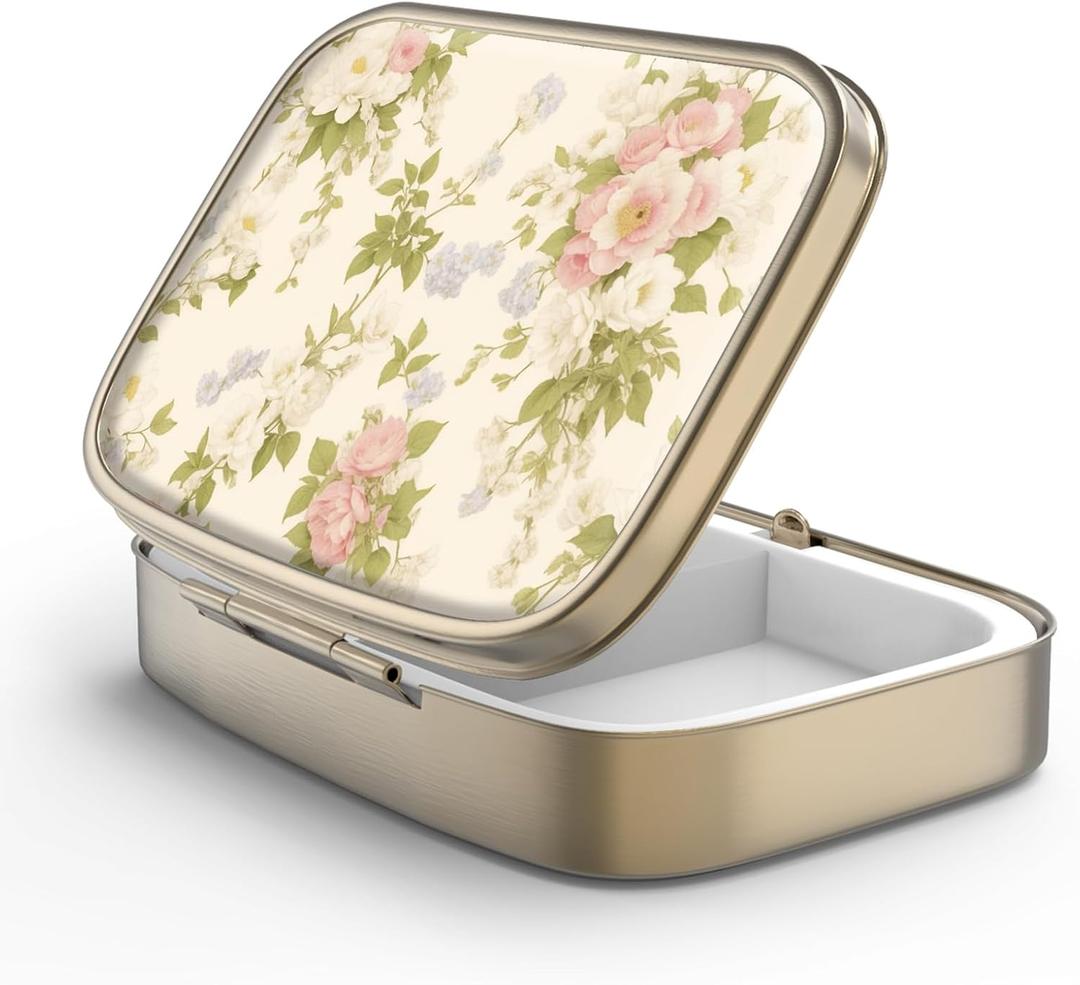Pill Case Pill Box with Mirror Retro 2 Compartment Small Pill Case for Purse or Pocket Bronze Rectangular Pill Box or Vitamins, Fish Oil, Supplements, Pill Containe Travel GiftsVintage Floral (1 piece)