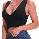 Women's Sexy Sleeveless Seamless Crop Top Deep Plunge V Neck Ribbed Tank Top with Removable Pads (XL)