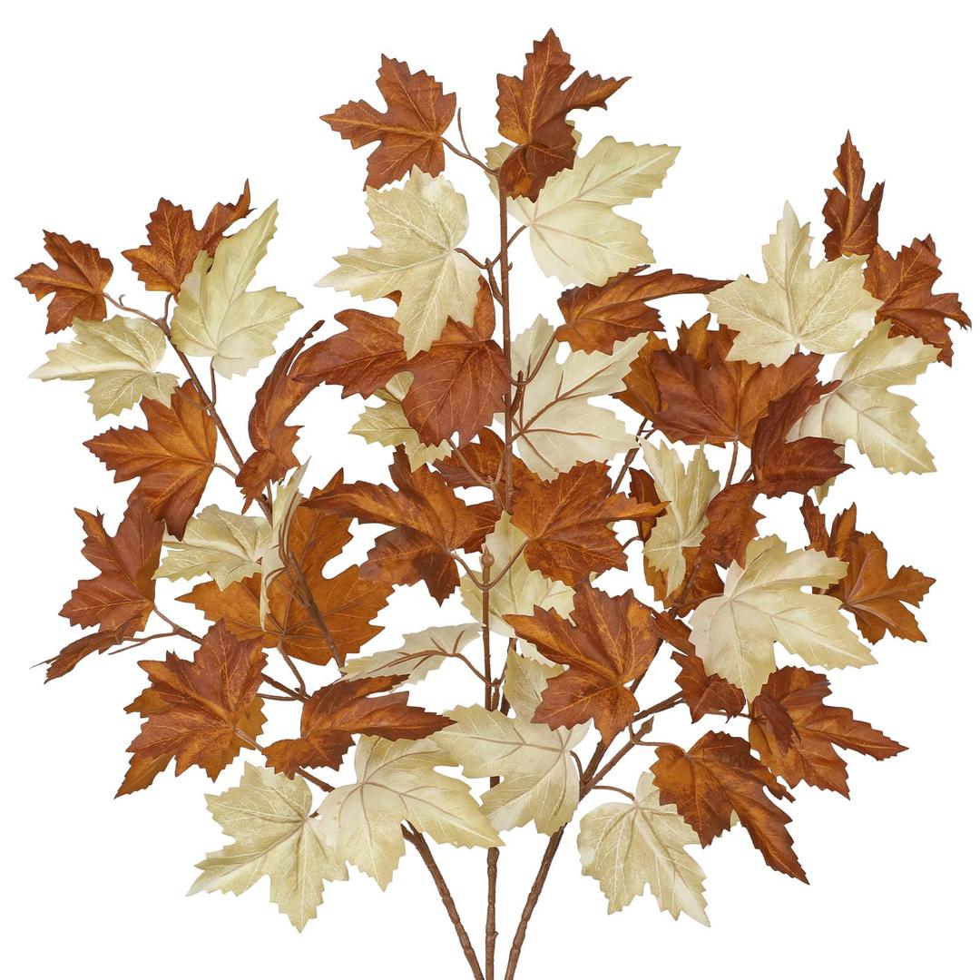 3Pcs Fall Decor Artificial Maple Leaves Branches Fake Fall Leaves Stems Plants Faux Maple Shrubs Leaf Bushes for Home Kitchen Decor Autumn Thanksgiving Festival Party Decorations White