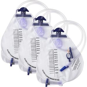 Urine Drainage Bags - 3 PCS 2000ml Individually Wrapped Catheter Bags with 43" Drainage Tube, Anti-Reflux Chamber, Splash-Proof Drain, Clips and Hooks, Professional Urine Bags for Home and Hospitals