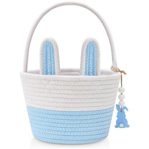 Easter Baskets for Kids, Blue Small Personalized Bunny Easter Basket Empty with Handle, Basket Tags, Woven Rope Egg Easter Baskets Gifts for Boys Girls Babies Toddler Infant, 8.7" x 6.9" x 6.3"