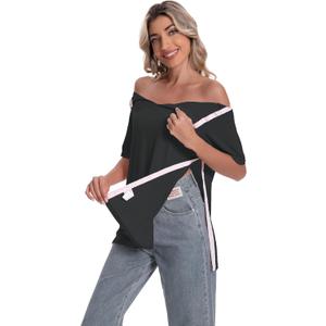 Post Shoulder Surgery Shirt for Women Short Sleeve V Neck Rotator Cuff Broken Arm Recovery Must Haves Clothing Comfy Shirts (X-Large, Black)