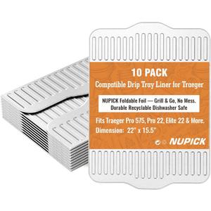 NUPICK 10-Pack BAC507 Grill Drip Tray Liners for Traeger Pro 575, Pro 22 and Elite 22, Grill Accessories for Traeger, Aluminum Disposable Drip Trays,Heat-Resistant Grill Accessory, 22in X 15.5in
