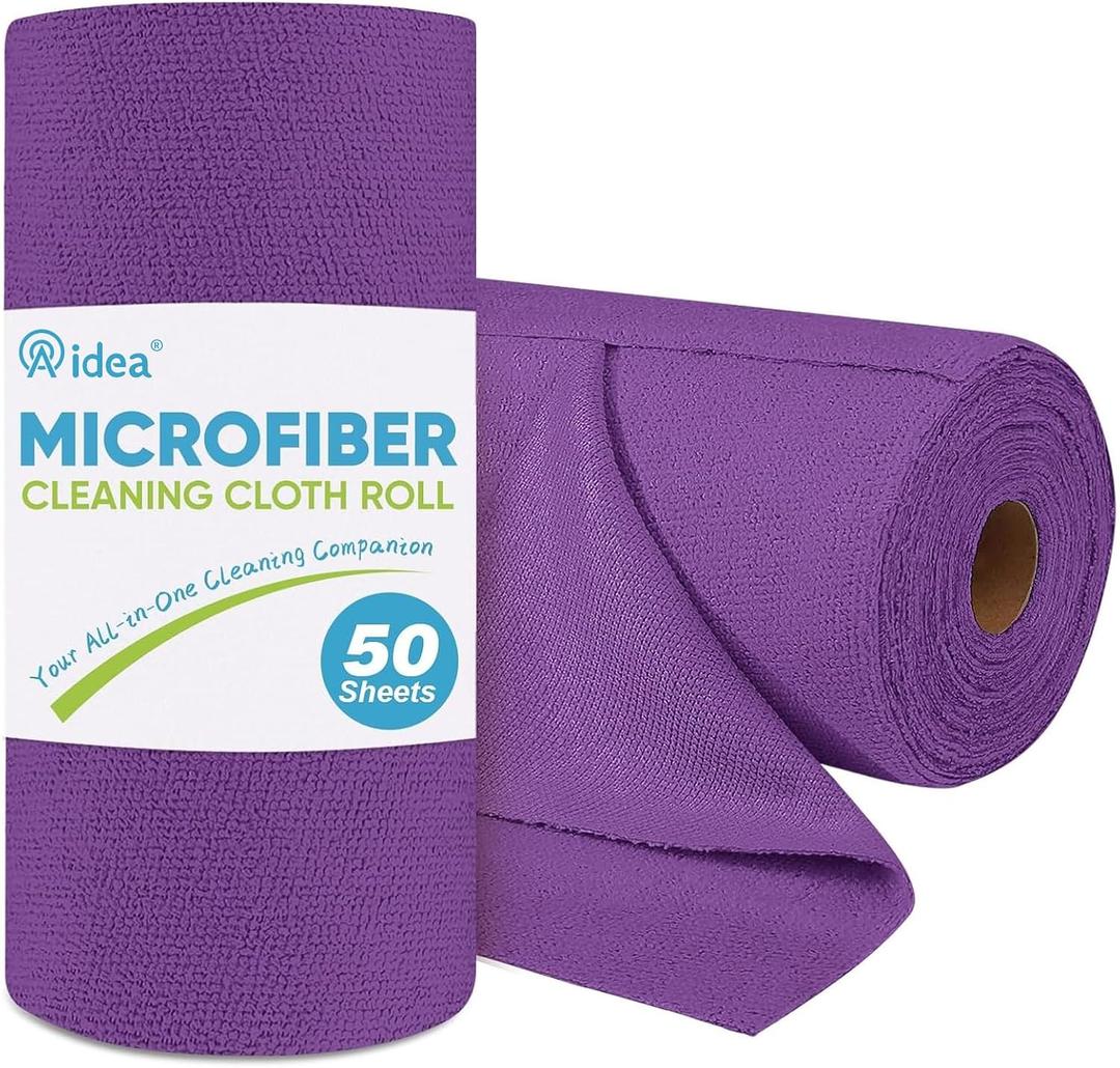 AIDEA Microfiber Cleaning Cloth Roll, 50PK, Reusable Paper Towels Tear Away Cloth, Microfiber Towels for Cars, Lint Free Cleaning Rags for House, Kitchen, Window, 11.5"11.5", Purple