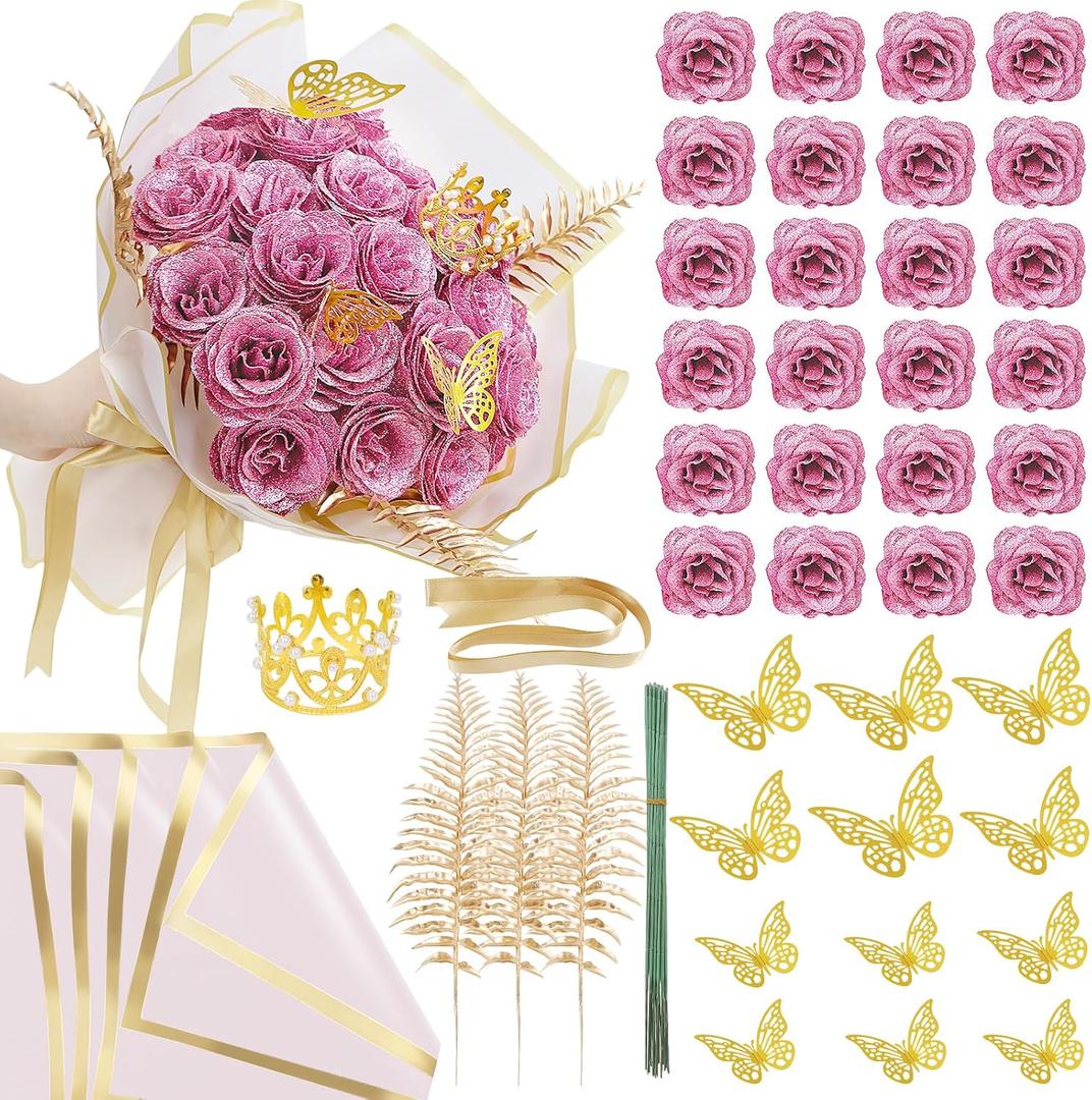 SEMONONIA Glitter Roses Bouquet DIY Pink Roses Artificial Flowers Bouquets, 24 Pack Fake Shiny Flowers with Stems Eternal Floral for Elegance Wedding Bouquet Anniversary Birthday Love Gift