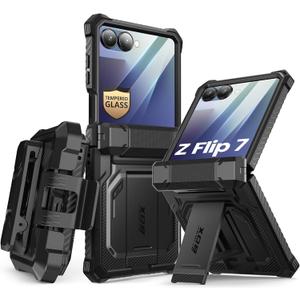 i-Blason for Samsung Galaxy Z Flip 7 Case with Stand [Front Tempered Glass Screen Protector] [Hinge Protection] [Belt-Clip] Full-Body Military Protection Case for Samsung Z Flip 7 Armorbox, Black