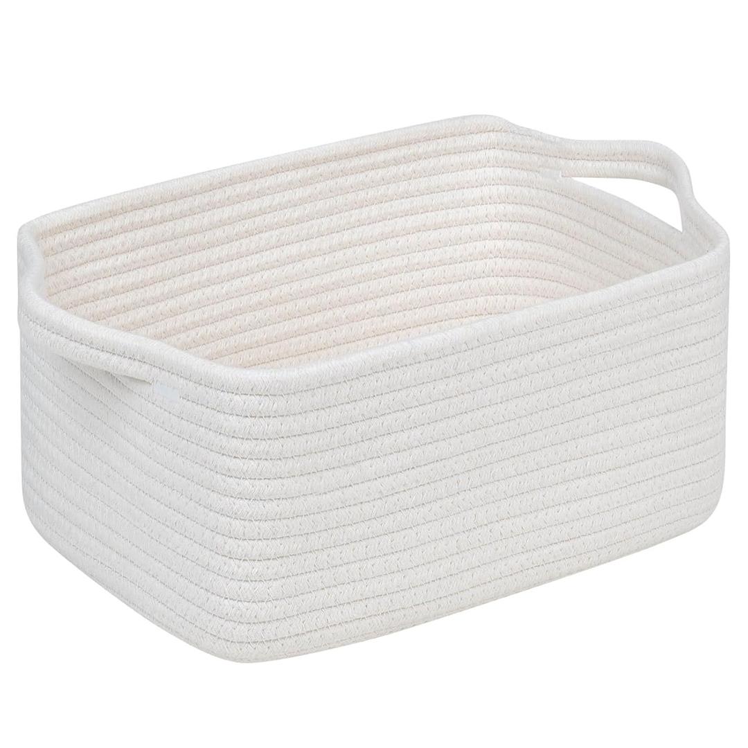 CubesLand Woven Cotton Rope Basket for Laundry, Book, Nursery, Clothes, Shoes, Toys Organizing and Bedroom Home&Living Room Decor, with Durable Handle, Rectangular 14x10x7.08IN White