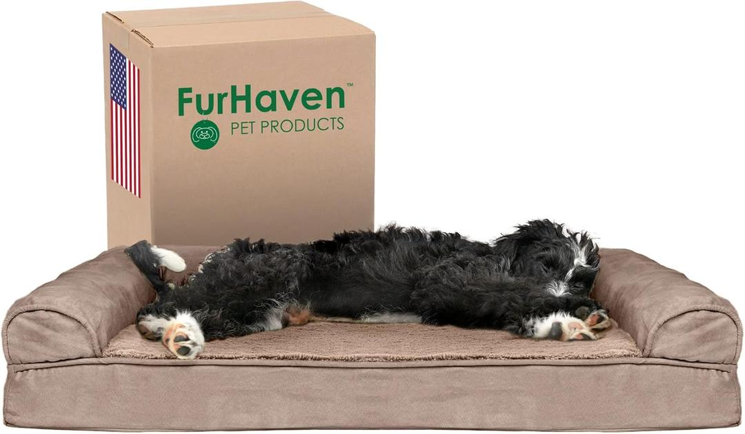 Furhaven Cooling Gel Dog Bed for Large/Medium Dogs w/ Removable Bolsters & Washable Cover, For Dogs Up to 55 lbs - Plush & Suede Sofa - Almondine, Large (36.0"L x 27.0"W x 6.5"Th)