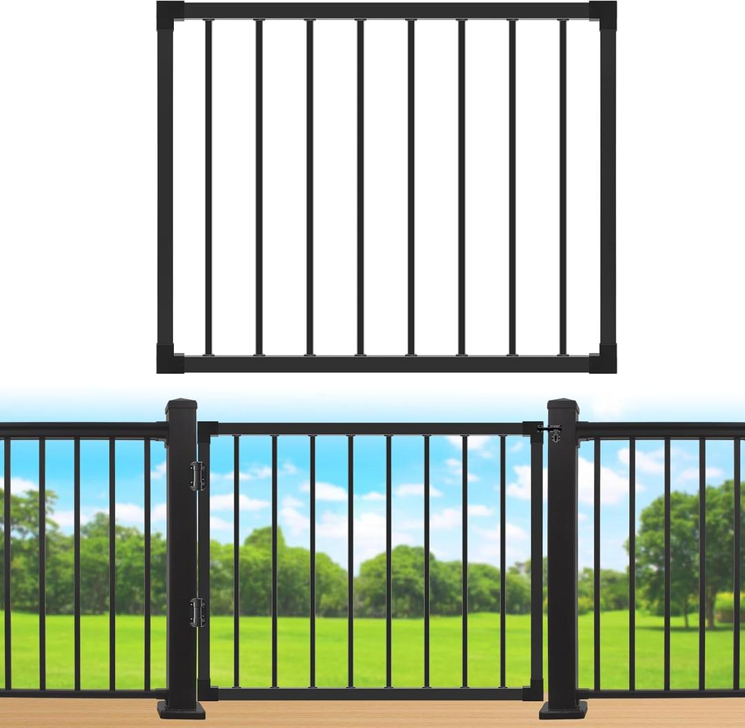Deck Fence Gate Outdoor, 42‘'Hx48‘'W Deck Gate, Black Heavy Duty Steel Anti-Rust Door with Customizable Width, Metal Gate for Residential, Yard, Patio(No Hinge)