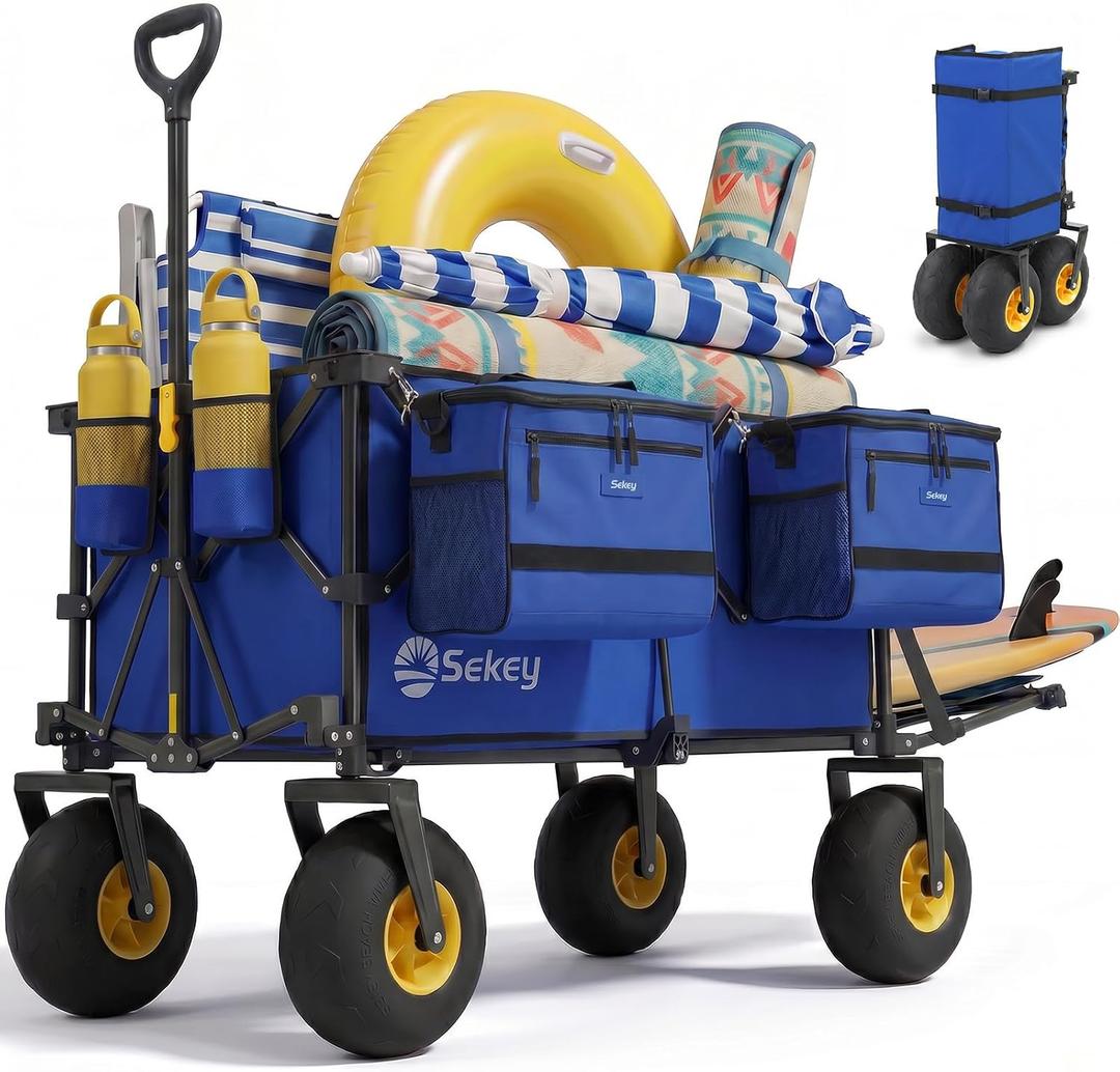 Sekey Heavy Duty Beach Wagon with 9" Big Sand-Proof Wheels, 300L Oversized Foldable Beach Cart with Cooler| Adjustable Handle & Balloon Tires for Sand, Camping,Vacation