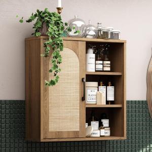 RUSTOWN Boho Rattan Wall Cabinet, Midcentury Bathroom Cabinet with Sliding Door, Adjustable Shelves, Over The Toilet Storage Cabinet (Rustic Oak)