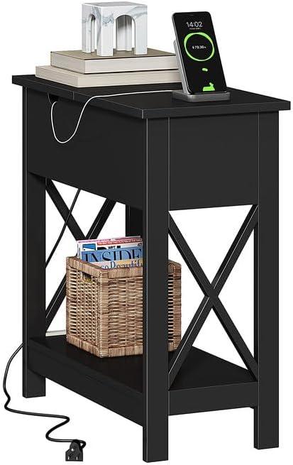 ChooChoo End Table with Charging Station, Narrow Flip Top Side Table with USB Ports & Power Outlets for Small Spaces, Bedside Table with Storage for Living Room, Bedroom, Black (1 Pack)