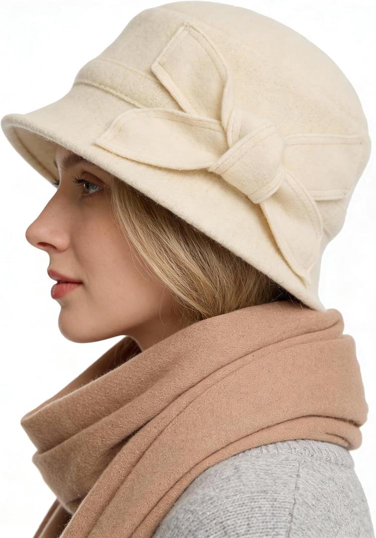 Women Felt Bucket Hat Vintage Floral Wool Dress Winter Hats (Medium, Bow-cream)