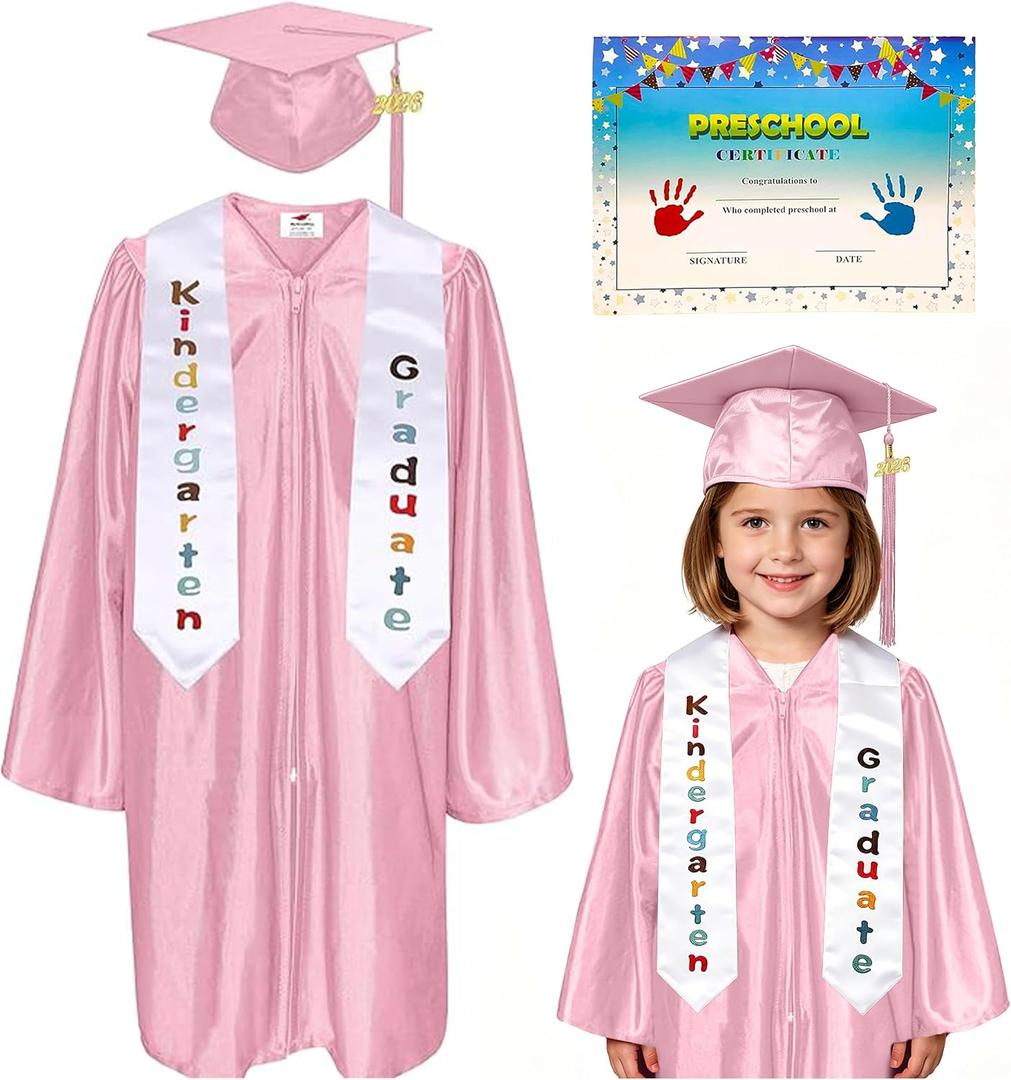 MyGradDay Shiny Kindergarten & Preschool Graduation Gown Cap Tassel 2026 Charm (Pink) 27" 3'6"-3'8"