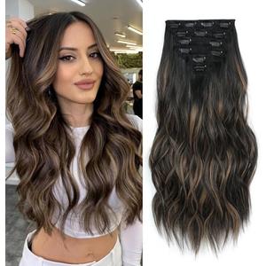 Fliace Synthetic Clip in Hair Extensions, 6PCS Natural &Soft Hair& Blends Well Lonng Wavy Hairpieces(20inch,6pcs, Black&Dark mix light brown)