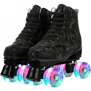 Roller Skates for Women and Men Cowhide High-Top Shoes Classic Double-Row Roller Skate Four-Wheel Roller Skates for Men Girls Unisex Christmas (44 - 10.63in - Women's 10.5 / Men's 8.5, black camouflage with flash wheel)