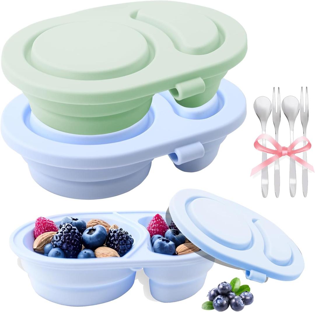 2 Pack Reusable Snack Containers with Lids, Double Compartment Silicone Snackle Box Container for Salad Sauce Condiments Snack, Small Mini Food Snackle Boxs for Lunch, Travel, Office, Picnic