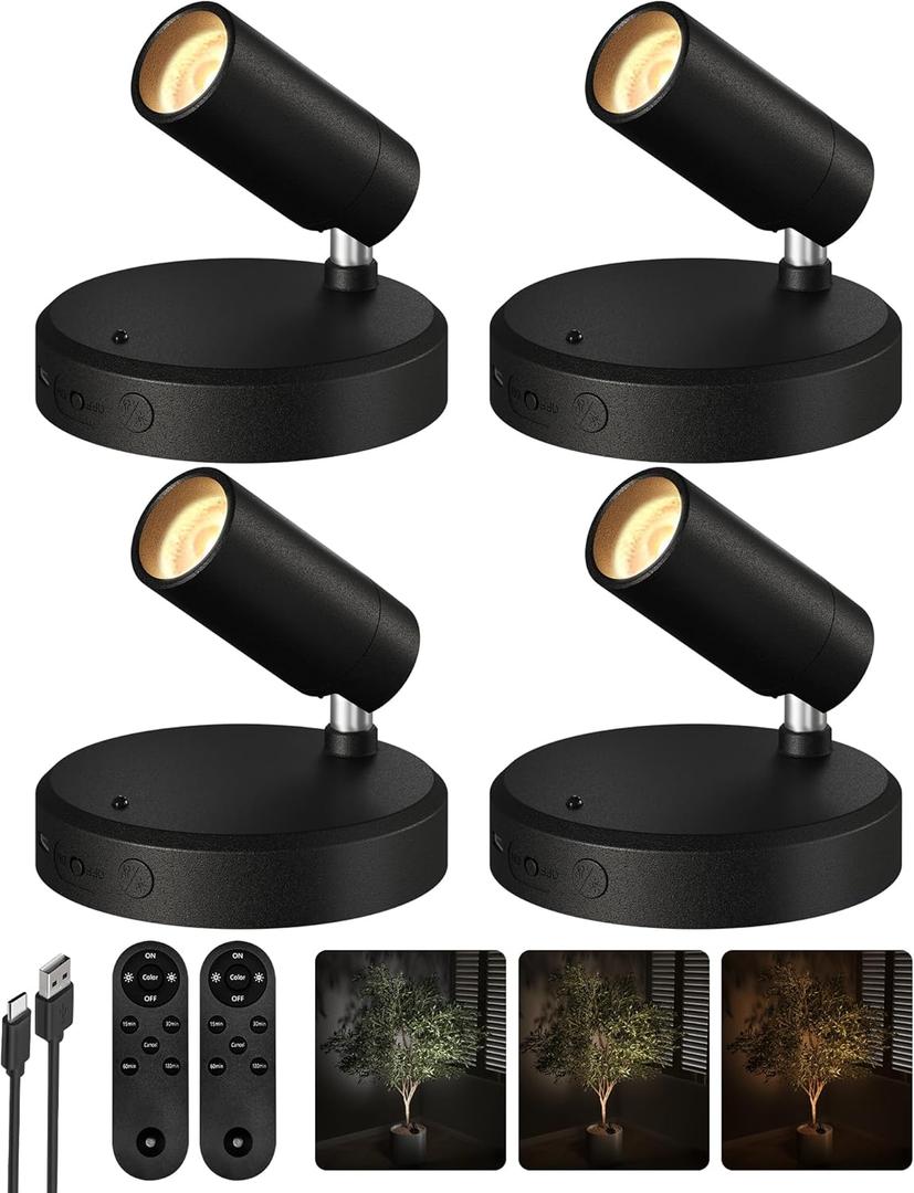 EZVALO Spotlights Indoor with Remote, 5500mAh Rechargeable Picture Lights, Wireless LED Uplighting with Timer & Dimmable, 3-CCT, Mini Plant Spot Lights for Painting, Artwork (4-Pack-Black)