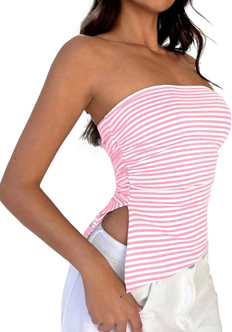 Cioatin Women Y2K Strapless Striped Asymmetric Bandeau Tube Top Sleeveless Slim Fit Slit Summer Going Out Crop Tank Aesthetic Pink (S)
