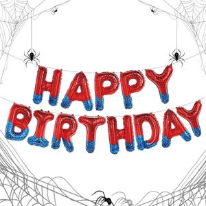 Spider Theme Happy Birthday Letter Balloons Banner, Red and Blue, Party Decoration, 16 inches