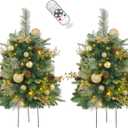 2 Pack Prelit Outdoor Christmas Tree 30 Inch, Remote Control Battery Operated with 100 Warm White Multi-Color Changing LED Lights, Small Pre-Decorated Green Xmas Tree for Pathway, Porch (Gold)