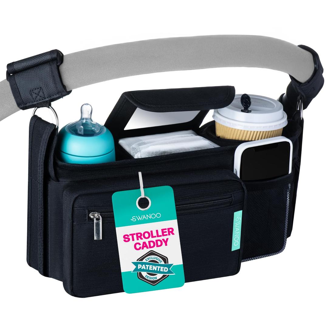 Swanoo Stroller Caddy Stroller Organizer With Cup Holder, Non Slip Straps Stroller Bag for Phone, Pet Stroller Accessories, Universal Fits Uppababby Vista v2 Wonderfold Wagon, Doona and More (Black)