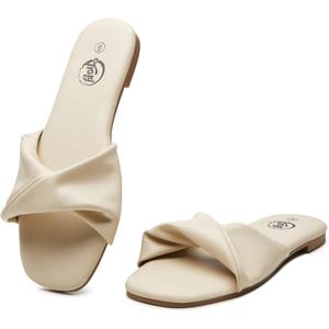 Trary Women's Leather Slides, Comfortable Memory Foam Sandals, Fashion Flat Summer Sandals, Beige, Size 7 (10) Trary Women's Leather Slides, Comfortable Memory Foam Sandals, Fashion Flat Summer Sandals, Beige, Size 7 (10)