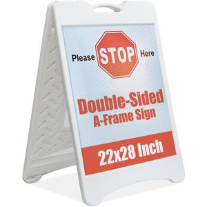 22x28 Inch A-Frame Sidewalk Sign, Heavy Duty Double-Sided Sandwich Board, Folding Outdoor Plastic Sign Holder with 2 Plastic Boards for Business & Storefront Use (White)