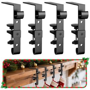 Stocking Hangers for Mantel,4 Pcs 2 in 1 Adjustable Fireplace Christmas Stocking Holder,No-Drill, Easy to Install Garland Hanger for Christmas Decorations,Fits 0.1-3.5Mantles(Black, 4)