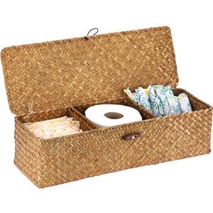 Sumnacon Extended Seagrass Storage Basket with Lid 3-Section Wicker Storage Basket, Small Woven Shelf Basket for Toiletries Tampon Storage, Seagrass Basket for Shelf Bathroom Toilet Counter, Caramel
(Large)