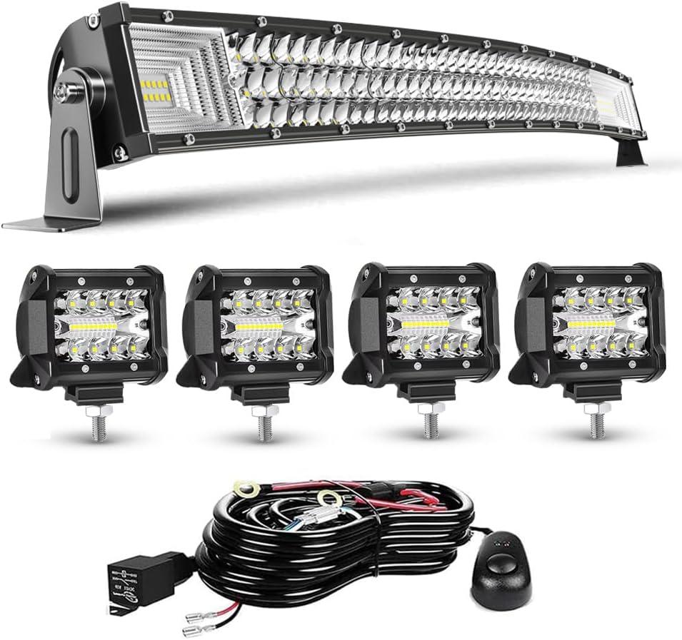 LED Light Bar Kits - 32IN Curved 405W Spot Flood Combo Beam, 4PCS 4inch 60W Led Pod Lights with Wiring Harness for Car Accessories Pickup SUV ATV UTV Boat Snowplow Lights