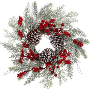 Christmas Wreath 16" Door Wreath with Frost Winter Wreath for Outdoor Indoor, Big Pine Cone Red Berries Christmas Wreaths for Front Door Window Wreaths Home Decor