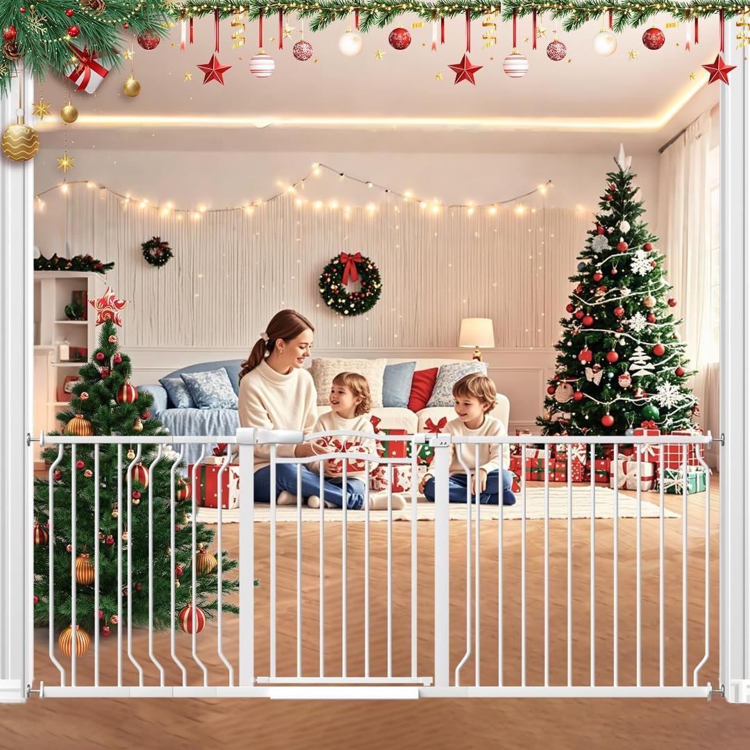 67.3-81.1" Extra Wide Baby Gate for Stairs No Drilling, 30" Tall Auto Close Press Mounted Dog Gates for Doorways, Adjustable Width Walk Through Long Gates for Kids or Pets, White