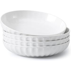 DOWAN Pasta Bowls, 10" Large Salad Serving Bowls 51 OZ White Ceramic Soup Bowls Set of 4 Wide and Shallow Plate Bowl Serving Dish for Soup, Pasta, Noodle, Dinner, Microwave & Dishwasher Safe