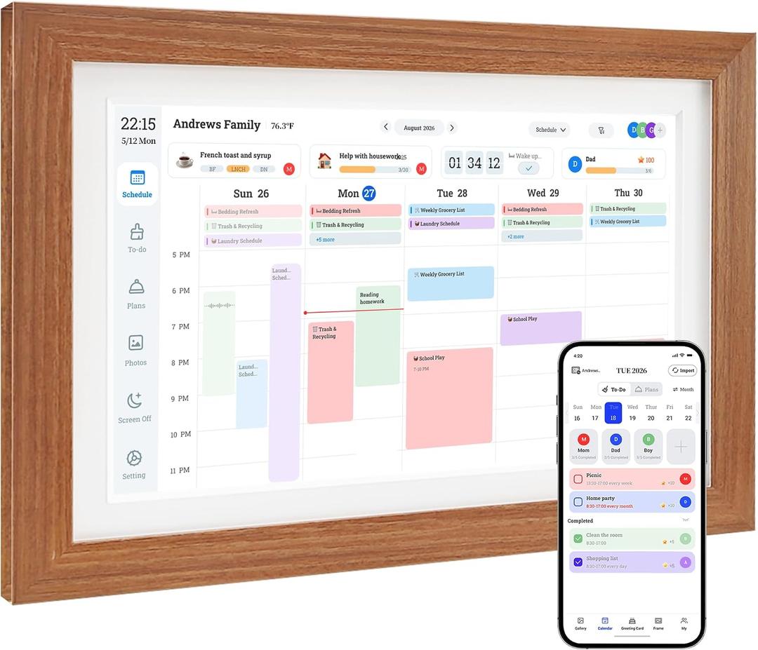Digital Calendar & Smart Chore Chart, 10.1'' Touchscreen Family Organizer with Multi-Calendar Sync, Reward System, Photo Frame Mode, Desk or Wall Mount, Teak, No Subscription