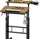 Klvied Rolling Mobile Desk with Cup Holder, Portable, Adjustable Height Small Stand up Desk on Wheels for Home Office Laptop Cart, Computer, Standing or Sitting, Oak