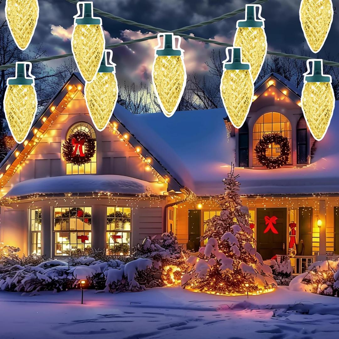 C9 LED Christmas Lights Outdoor, 50 LED 32 FT C9 String Lights for Christmas Plug-in Strawberry Bulbs Connectable UL Certified for for Indoor Outside Roofline Patio Home Xmas Decoration, Warm White